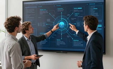 A professional Western European corporate environment where consultants are analyzing a complex digital systems map on a large screen. The atmosphere is focused and innovative, featuring a color palette of off white and dark blue. High-end photography style with soft, natural office lighting.