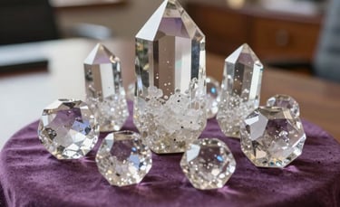 A close-up of a sophisticated crystal arrangement on a thistle-colored cloth, reflecting soft light in an elegant South American office.