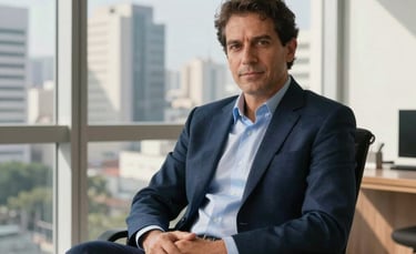A confident professional sitting in a bright, modern office in São Paulo, South American urban view through the window, soft morning sunlight, wearing professional smart-casual attire, palette of dark blue and light blue accents in the room.