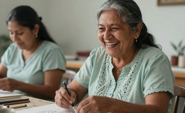 Candid photography of a senior woman laughing while doing a craft workshop, South American / Colombian setting, soft light, light sage and mist color palette.