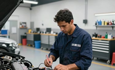 A wide-angle professional photography of a clean, modern automotive repair shop in South America. A technician wearing a navy blue uniform is using a digital multimeter to test a car battery. The workshop is well-lit with high ceilings and organized steel tool cabinets in the background.