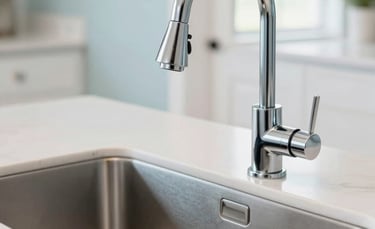 A close-up, high-resolution photograph of a modern and clean residential kitchen sink with a chrome faucet being expertly installed in a North American / US home. The background is bright and crisp with light blue and white tones reflecting a professional atmosphere.