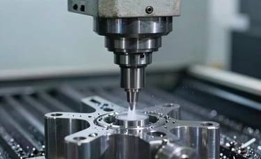 A close-up photograph of a professional CNC machining center in a clean South American Brazilian industrial plant. A precise cutting tool is carving a metal part, with cooling fluid and fine metal shavings visible. The scene is lit with professional cool blue and off white lighting, reflecting a mood of precision and high quality.