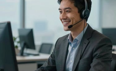 Professional South American Brazilian telecommunications agent in a modern office environment, wearing a sleek headset and smiling confidently, soft morning light, muted blue and steel blue tones in the background, sharp focus on subject.