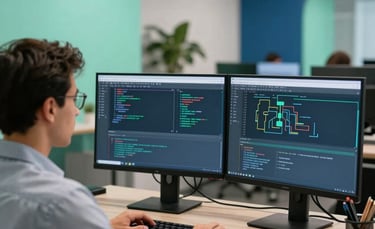 A professional South American / Brazilian IT consultant in a modern office in São Paulo, working with dual monitors displaying system code and network diagrams. The lighting is bright and professional with accents of deep blue and mint green throughout the office decor.
