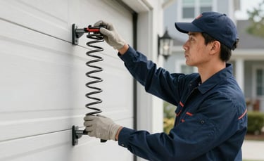 A professional technician in a clean navy uniform using professional tools to adjust a garage door spring in a modern North American suburban garage. Bright, efficient workspace, clean and reliable atmosphere.