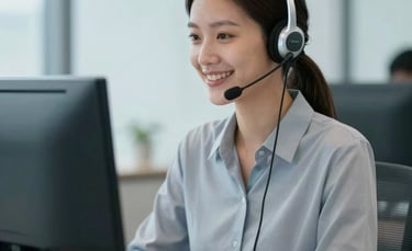 A professional South American call center agent wearing a modern headset, smiling while interacting with a computer in a clean, brightly lit office environment. Soft blue and light gray tones dominate the scene.