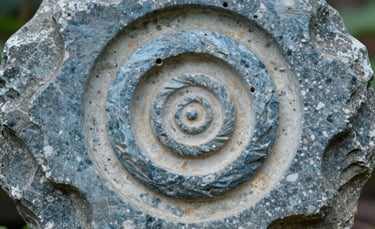 A close-up photograph of a spiral motif carved into stone, weathered texture, North American garden setting, soft natural light, slate blue and cream colors.