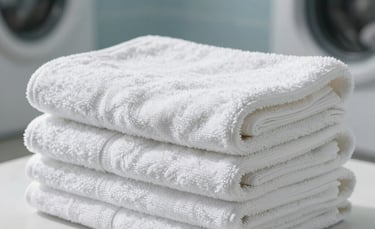 A close-up photograph of a stack of fluffy, perfectly folded white towels in a bright, modern laundry room. The lighting is soft and natural, suggesting a serene morning in Corsica. The background features clean surfaces in shades of light blue and white, reflecting a professional and calming atmosphere.