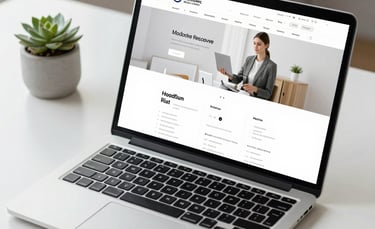 A high-angle shot of a sleek, modern laptop on a clean white desk in a bright North American office. The screen displays a professional, mobile-responsive website layout with a minimalist design. Soft natural light and a small succulent in a light grey pot add to the professional and approachable atmosphere.
