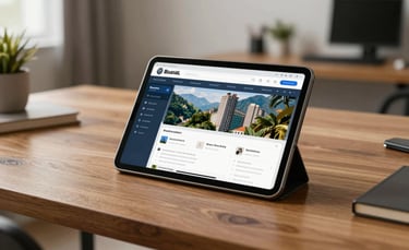 A high-quality photography shot of a modern Brazilian workspace. A tablet on a clean wooden desk shows a digital marketing dashboard. In the background, soft natural light illuminates a professional yet accessible home office setting in a South American apartment.