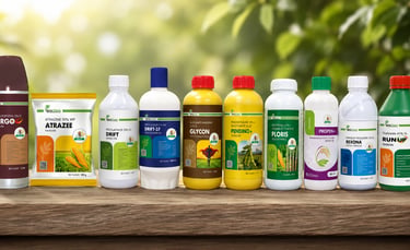 A row of various Iprochem herbicide bottles and packs on a wooden table for agricultural weed control.