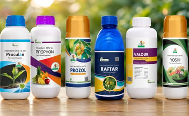 Six agricultural plant growth regulator bottles on a wooden surface with a blurred green background.