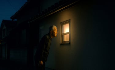 夜の住宅街で、男性が家の小窓をのぞき込む様子。堺市北区百舌鳥梅北町で発生した不審者事案のイメージ｜堺市のニュースならサカイタイムズ