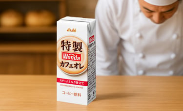 アサヒ飲料「ワンダ特製カフェオレ」商品パッケージと謝罪する人物のイメージ画像｜堺市のニュースならサカイタイムズ