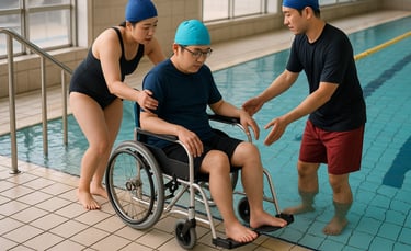 プール用車椅子が水中運動やリハビリを行う利用者の移動支援に使われる様子のイメージ画像｜堺市のニュースならサカイタイムズ