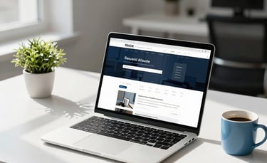 Professional photography of a minimalist workspace in a modern Riyadh office. A silver high-end laptop is open on a white desk showing a clean, sleek website design. Natural morning light enters from a window, creating soft shadows. A small green plant and a blue coffee mug sit nearby, emphasizing a clean and professional digital atmosphere.