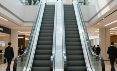 A crisp, high-resolution photograph of a sunlit, modern corporate atrium with glass elevators and architectural lines in light grey and white. International / Business attire figures are visible in the background, out of focus. Lighting is clean and professional.