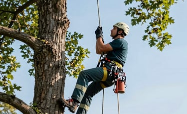 Professional arborist in high-visibility safety gear climbing a tall oak tree using ropes and harness. Daylight photography, clear blue sky background, Central European / Polish park setting. Focus on Scandinavian precision equipment and technical expertise. Natural tones of dark teal and muted sage.