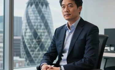 A sophisticated financial consultant sitting in a brightly lit, modern office in London, United Kingdom. Through the window, the iconic Gherkin building is visible. The professional wears a sharp dark navy suit, looking focused. The atmosphere is professional and trustworthy with a soft light blue and grey color palette.