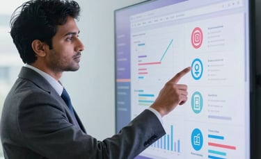 A high-quality photography of a South Asian business professional pointing at a digital screen with social media analytics charts. The background is a bright, modern office with soft light blue and purple gradient light accents, reflecting a premium digital marketing agency vibe.