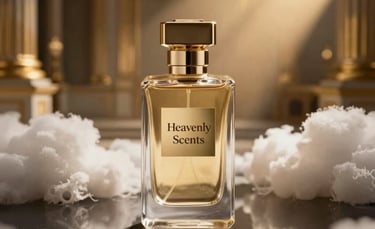 Elegant glass bottles of perfume oils arranged on a sleek black surface with gold accents.