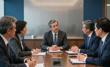 Professional South American corporate meeting room with executives in formal attire discussing strategic plans. The lighting is clean and bright, reflecting a classic corporate style with steel blue and dark blue accents in the decor.
