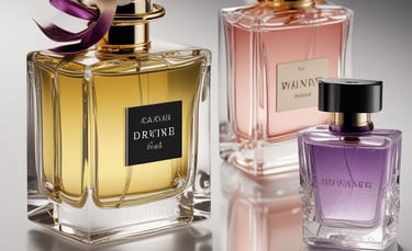 A collection of perfumes, neatly arranged with minimalist design