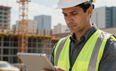 A close-up of a professional in a white hard hat and a high-visibility vest holding a tablet on a modern construction site in a South American urban setting, bright daylight, professional photography style.