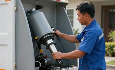 A professional Southeast Asian / Filipino technician in a blue uniform operating a modern vacuum siphoning truck. The scene is clean, in a bright outdoor residential setting with soft morning light, emphasizing efficient waste management service.