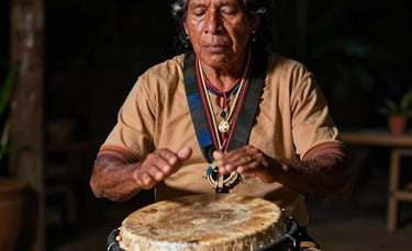An artistic South American / Brazilian Amazonian photography portrait of a master percussionist playing a traditional curimbó drum. The image is presented in a beautiful vertical oval crop, showcasing dynamic movement.