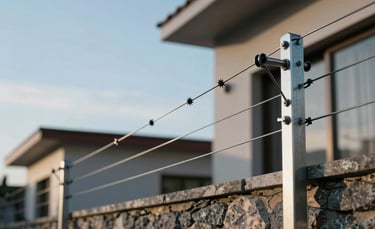 Close-up photography of a professional electric fence installation on a modern stone wall in a residential area of Quito, South American architecture. The metallic wires are sharp against a clear blue sky, soft afternoon light, emphasizing security and reliability. Colors include silver and blue gray.
