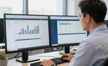 Professional operations manager viewing a clean financial dashboard on a dual-monitor setup in a bright Douala office, natural daylight, 35mm lens