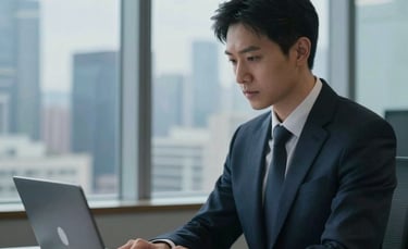 A professional IT engineer in a global business setting, working on a sleek laptop with a blurred city skyline through large windows, soft blue and navy professional lighting, clean composition.