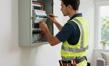 A professional electrician wearing high-visibility gear and a tool belt working on an open electrical circuit breaker panel inside a modern Oceanian home. Clean, bright composition with soft natural lighting.