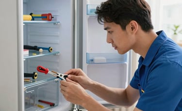 A professional technician in clean uniform repairing a modern refrigerator in an Istanbul Anatolian Side apartment. High-end tools are visible. Sharp focus, bright natural lighting, professional and trustworthy atmosphere. Blue and White color accents.