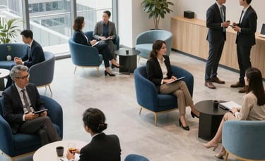 A high-angle photography shot of a bright, modern corporate office lounge in an International Global city where diverse business professionals are engaging in networking. The scene is lit with soft natural light, featuring deep blue and light blue furniture accents and off-white walls.