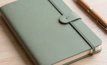 A detail of an elegant sage green notebook and a wooden pen on a light wood surface, soft pearl pink background, Southern European / Italian office.