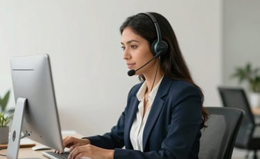 A focused South American / Brazilian customer service professional wearing a sleek wireless headset in a modern, brightly lit office with minimalist decor. Soft natural light, professional atmosphere. Palette uses off-white and dark blue.