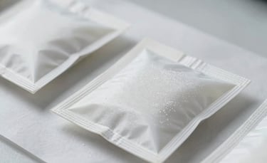 Close-up professional studio photography of premium white silica gel sachets arranged on a clean Crisp Parchment surface. The lighting is soft and airy, emphasizing the clean texture and quality of the Tyvek packaging. Minimalist Scandinavian style composition in a European laboratory setting.