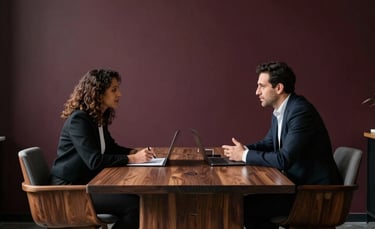 A professional brand strategy session in a minimalist Zaragoza office with warm dark wood furniture. Two Southern European consultants are discussing brand positioning around a large table. The lighting is sophisticated and moody, featuring burgundy and dark grey tones in the background.