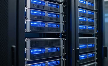 A close-up photograph of high-tech server racks in a data center, illuminated with cool blue LED lights, representing advanced technology and secure data processing in a professional North American environment.