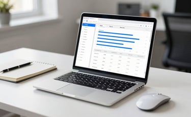 A clean, professional workspace in a North American corporate office. A high-resolution laptop screen displays a minimalist data analytics dashboard with blue accent lines. The desk is white, featuring a designer mouse and a simple notebook, captured with soft natural lighting and shallow depth of field.