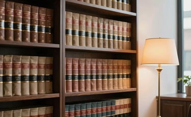 An interior shot of an upscale office library with bound legal volumes, a gold-accented lamp, and a modern South American aesthetic, suggesting tradition and knowledge.
