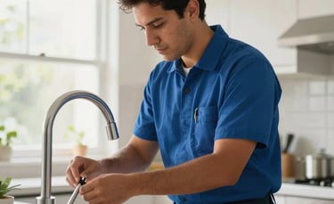 A professional handyman in a clean uniform fixing a modern kitchen faucet in a bright Latinoamericano home, natural morning light, high quality photography.