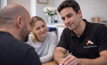 T.LE Contracting builder with a couple in their kitchen to discuss a quote and answer construction questions in Brighton.