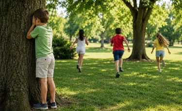 Children playing an outdoor game of hide and seek.