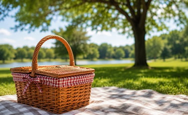 A picnic basket and a blanket placed in a beautiful outdoor setting.