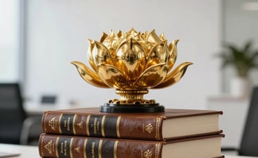 Photography of a modern office featuring a golden lotus sculpture, a stack of leather-bound books, and a clean white background, sophisticated and authoritative, Global / Western.