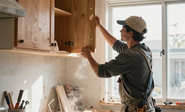 An action-oriented photography shot of a kitchen demolition in a North American home in Los Angeles. A skilled contractor in practical work attire is removing outdated wooden cabinets. Dust particles are suspended in the bright, natural light streaming through a window. The scene is practical and focused on the first step of revival. Construction orange tools are visible in the foreground.